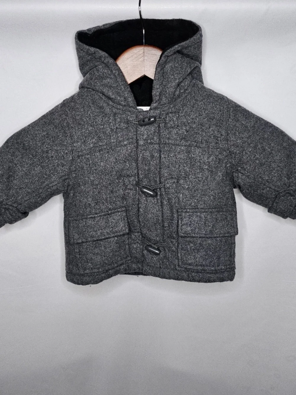 Baby Boy Infant Childrens Place Gray Wool Blend Zip Button Pea Coat Hooded 6-9M